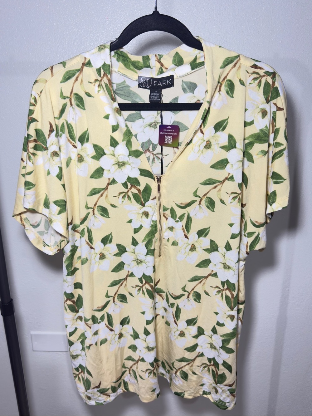 80 PARK Floral Half-Zip Short Sleeve Top Yellow Magnolia - Size 1X